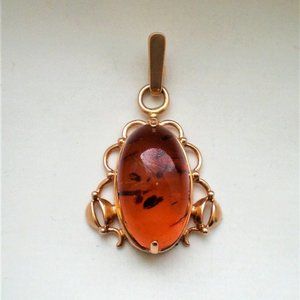 Vintage Russian Soviet USSR 14K 583 Rose Pink Gold Baltic Honey AMBER PENDANT